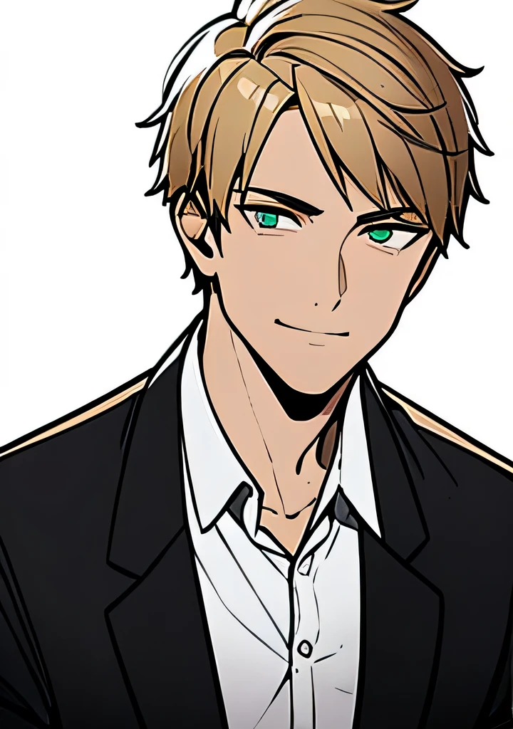 One young Adult male, brownish tanned skin, handsome, dirty blonde short hair, green eyes, confident yet kind expression, smug smile, wearing white collared shirt and black jacket, portrait style, facing forwards, plain grey background 