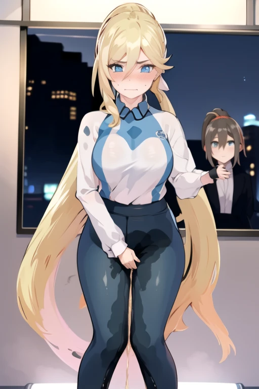 bianka durandal ataegina, (ponytail:1.5), tight shirt, multicolored yoga pants, athletic clothing, (standing straight:2.0), peeing herself, (wetting herself:1.5), very large peeing stain, huge pee stain, best quality, ultra-detailed, HDR, studio lighting, professional, vivid colors, sharp focus, physiologically-based rendering, bokeh, landscape, blue color palette, soft lighting, dynamic shadows, embarrassed, humiliation, blushing, angry, tears, (facing viewer:2.0)