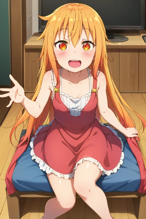 ((highest quality)), ((masterpiece)), (be familiar with), Perfect Face, indoor, Bedroom, Watching the audience,
One woman, Thor,
Open Mouth, Ecstatic expression, blush, smile,
Small breasts, Flat Chest, Young Girl, , , Girl,
Long Hair, Golden Hair, Orange eyes, Long Hair,
Leg spread,