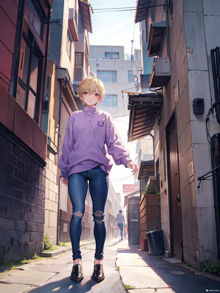 1boy, femboy, short blonde hair, brown eyes, anime boy walking down a street alleyway, town, daylight setting, wearing a purple sweater and jeans, thick body, clean detailed anime style, modern anime style, anime full body illustration, high res, ultrasharp, 8k, masterpiece