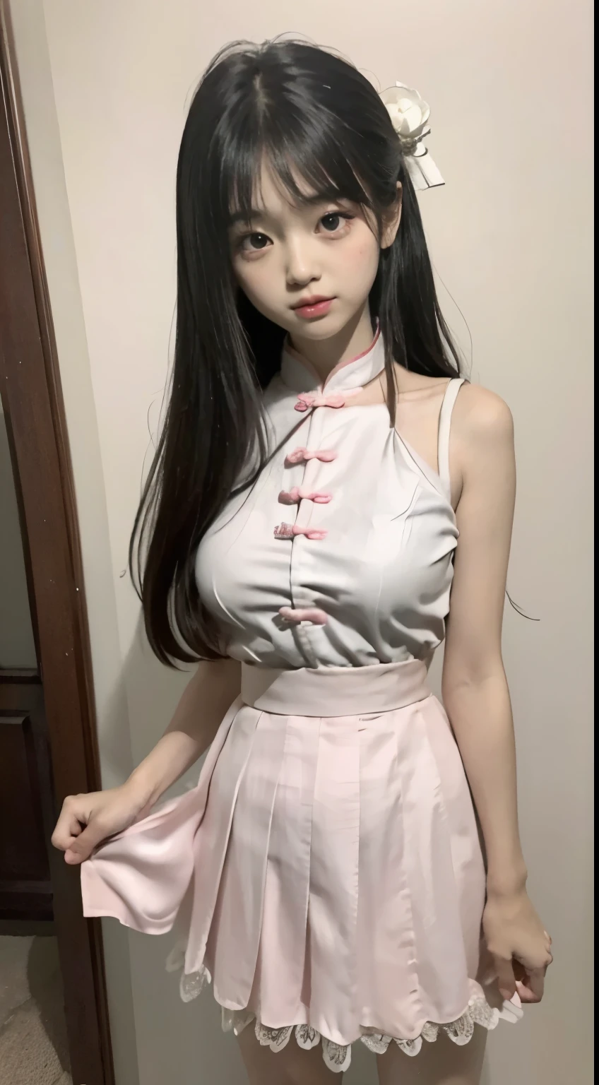 Master quality, highest quality, best picture quality, exaggerated details, a princess cute 8 asian with a shy expression, slightly squinted eyes, adjusting her hair, long eyelashes (long hair / very, very exaggerated big breasts, big / in pink white pentticoat, qipao dress silk parterm, short skirt lace), posing in front of the camera, wet breast see under wear, open hanfu