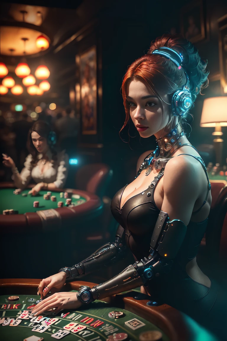(Best quality, 4K, 8 k, A high resolution, masterpiece:1.2), absurdity, masterpiece, ultra detailed, (realistic, photorealistic, photorealistic:1.37), complex parts, HDR, (complex parts:1.12), (hyper detailed, hyper realistic, Soft lighting, spicy:1.2), beautiful figure, Magnificent Anatomy, (complex part, Hyper detailed:1.15), casino, a female cyborg playing poker surrounded by other players.