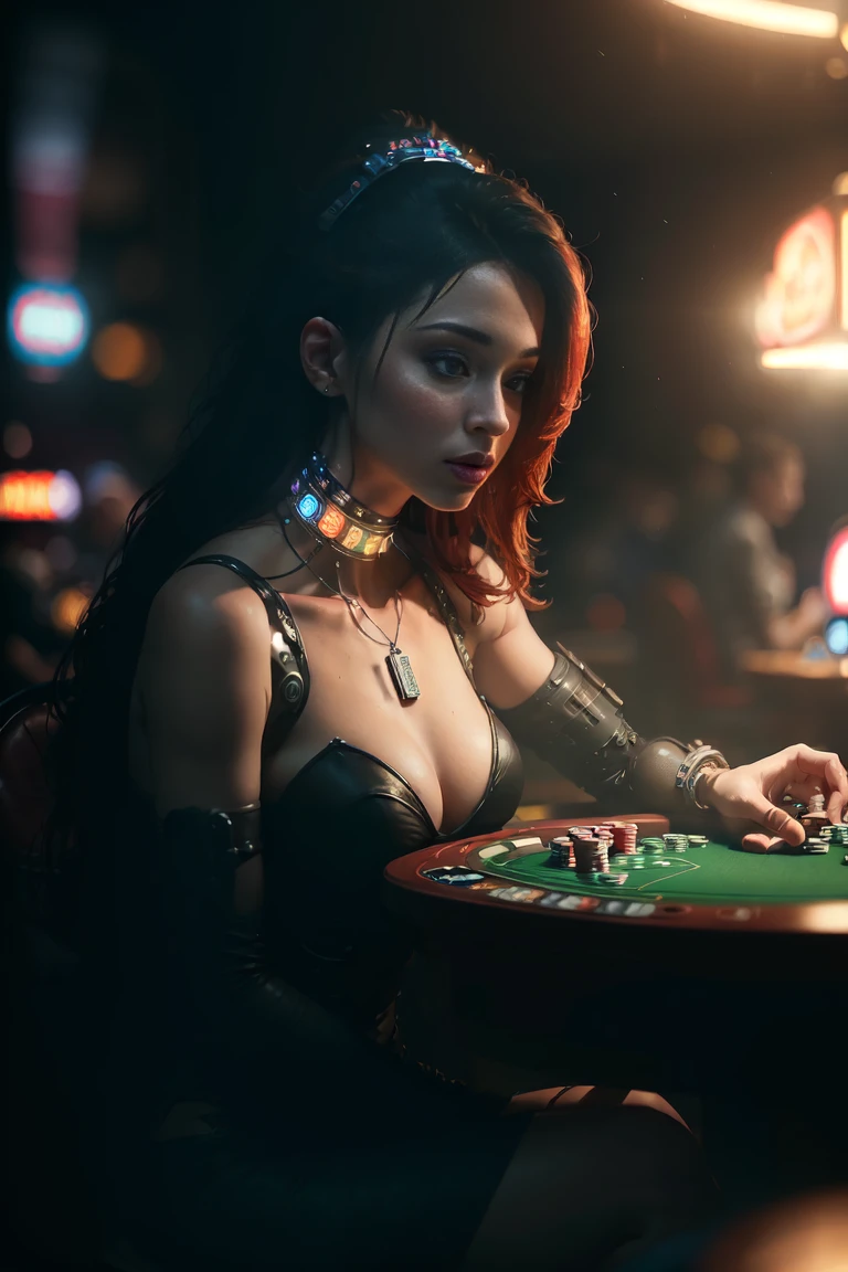 (Best quality, 4K, 8 k, A high resolution, masterpiece:1.2), absurdity, masterpiece, ultra detailed, (realistic, photorealistic, photorealistic:1.37), complex parts, HDR, (complex parts:1.12), (hyper detailed, hyper realistic, Soft lighting, spicy:1.2), beautiful figure, Magnificent Anatomy, (complex part, Hyper detailed:1.15), casino, a female cyborg playing poker surrounded by other players.