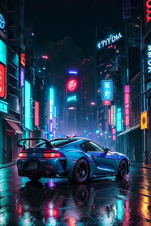 Um Toyota Supra Mk4 altamente detalhado, preta com detalhes em lilas, capturado de uma vista lateral, glowing under the vibrant neon lights of a lively Tuscan nighttime cityscape, exuding an aura of elegant sophistication and raw power, ceu por do sol