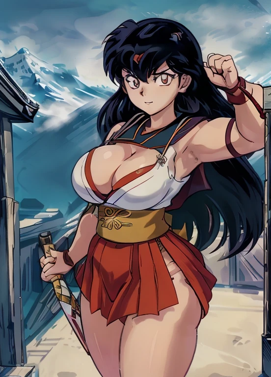 masterpiece, best quality, Kagome Higurashi, 25 years old, matured face, beautiful detailed eyes, ultra detailed eyes, extremely detailed face, large breasts, cleavage, very busty, big hips, strong muscles, athletic physique, She stands tall while wearing a short red kimono, pelvic curtain, arm guards and gloves. she's looking directly at the camera with an confident smirk. Her gaze is both alluring and fierce, as she practices martial arts moves. cowboy shot, Perfect Anatomy,(Professional Lighting), 4k textures, epic artistic, sharp focus, even lighting, insane details, intricate details, hyperdetailed, rich colors, BREAK Outdoors, temple, Japanese architecture, the view of the mountains