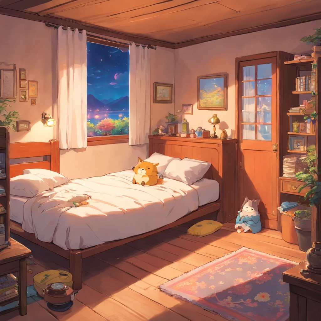 Boys and girls went to their beds, cozy bedroom, everything is soft and fluffy, gentle art, cute, it's time to sleep
