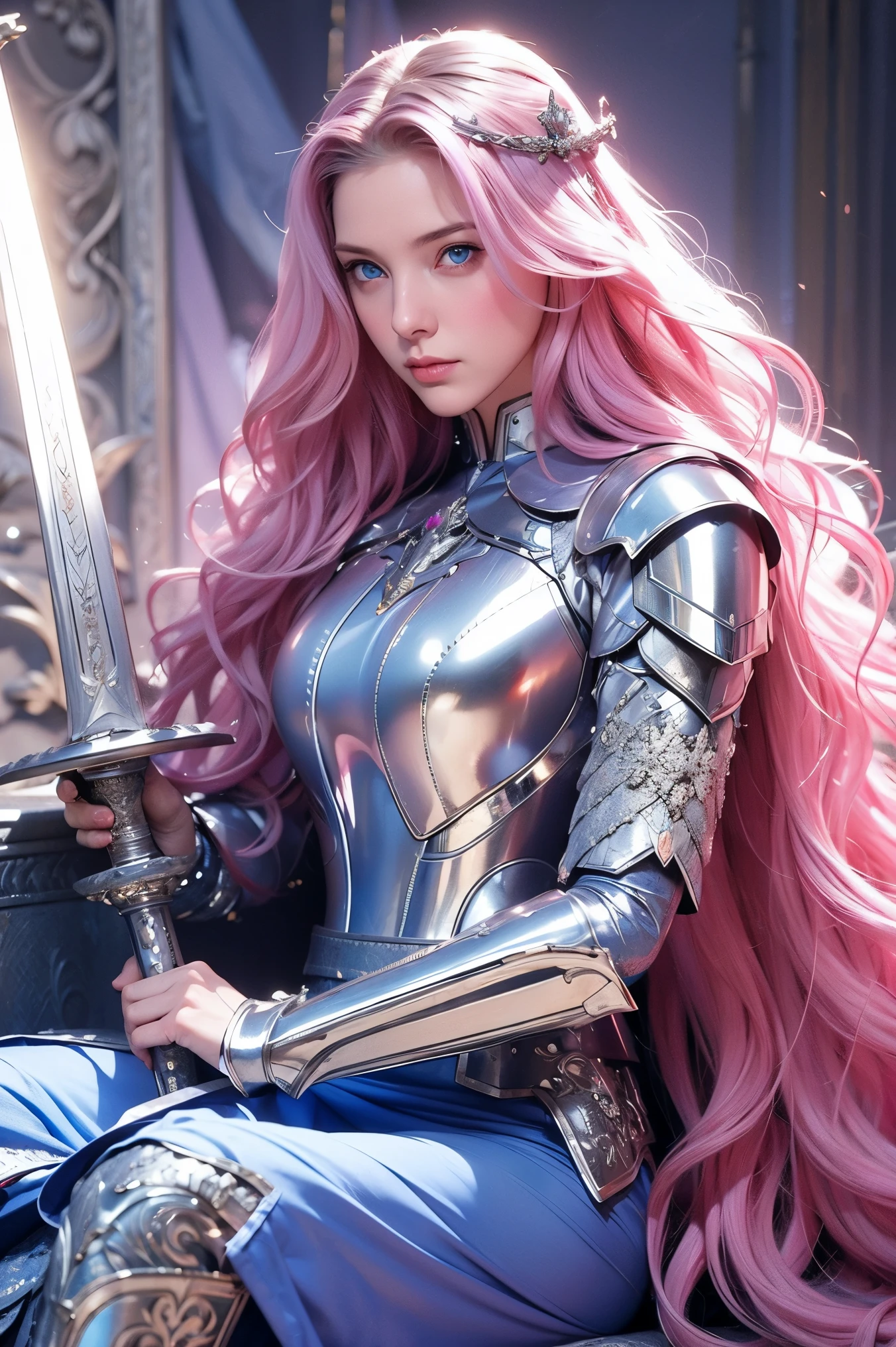 AMBER HEARD, long wavy hair,  Blue eyes,pink hair, wearing armor, sitting on throne, holding sword ,silver armor