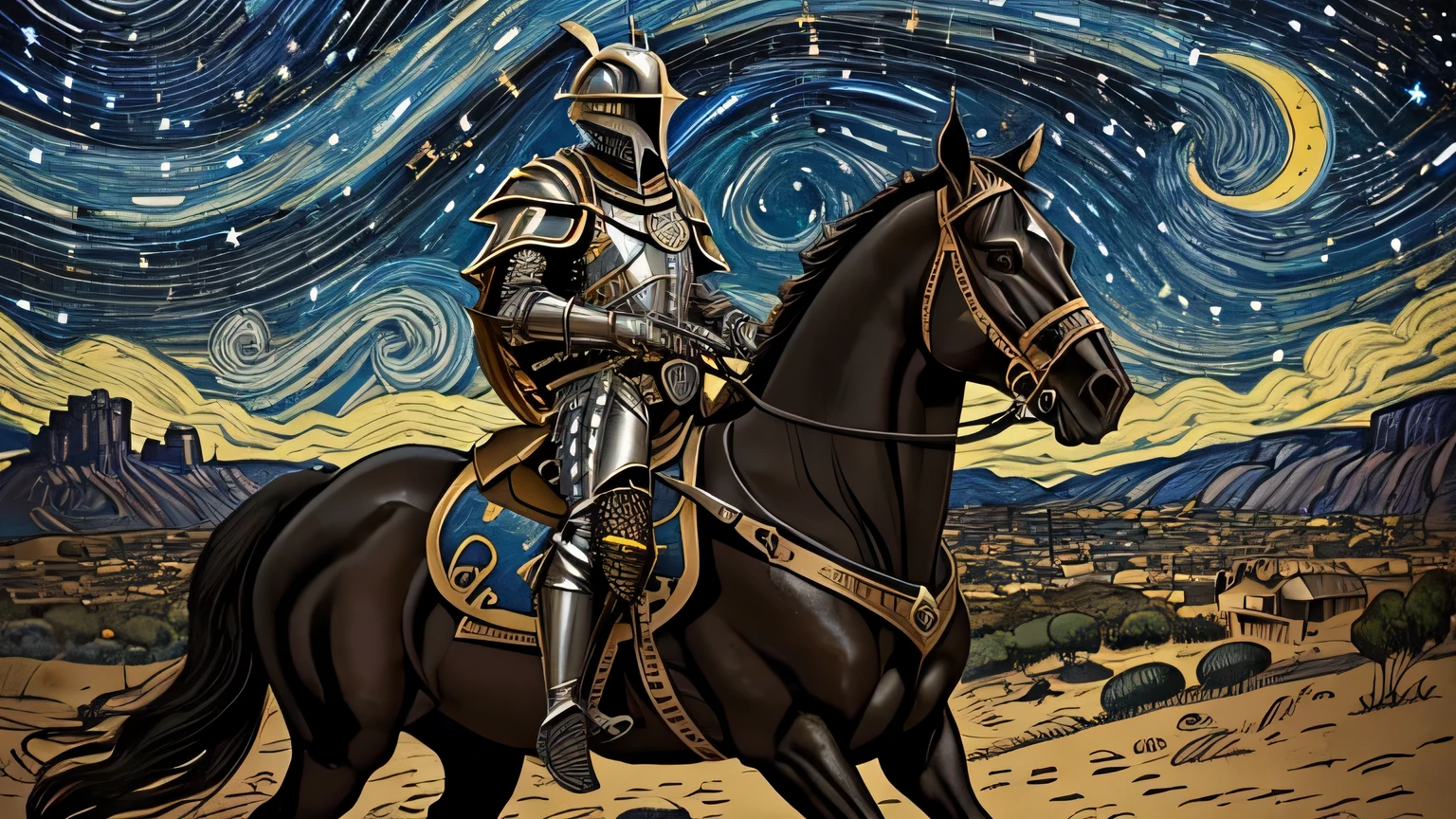 Don quixote como uma caveira em (((armadura de cor negra))). Abstract scenery in the background, starry night sky, lua cheia. 8k. Masterpiece. Work of art. Artistic. Art nouveau.