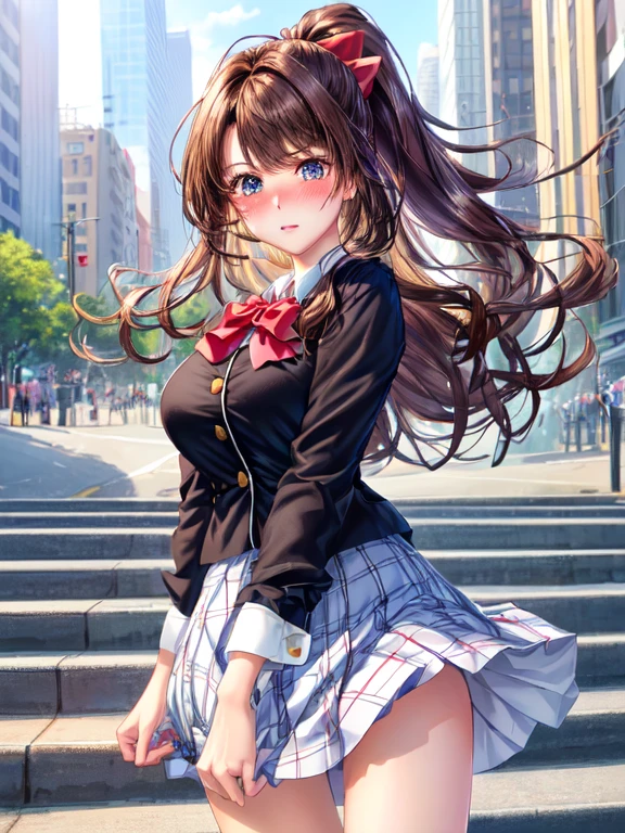 ((highest quality, High resolution, Perfect Pixel, 4K))), 1 female, Beautiful woman、I could see the whole body、go down the subway stairs、lots of commuters、 ((ponytail, bangs, Brown Hair)), ((Brown eyes, Beautiful eyelashes, Realistic eyes)), ((Detailed face, blush:1.2))、((Anime CG Style)), beautiful and big breasts、Perfect body, ((Red bow tie, Black open jacket, White shirt, Checked mini skirt)), Embarrassed expression、 (The wind is blowing my skirt away:1.3)、((No underwear))、 diagonal side angle, Dynamic Angle、Naughty wind、Full view of lower body、