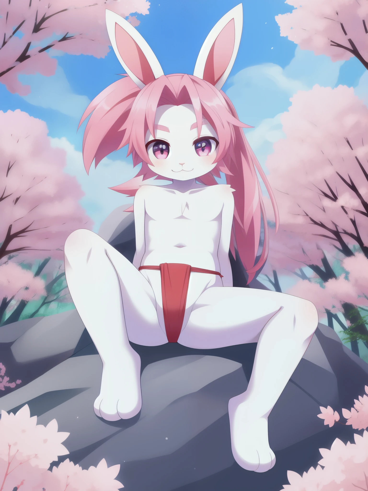 Furry shota, rabbit, long rabbit ears, pink hair, long spiky ponytail, spiky hair, detailed body fur, Pink eyes, ((red fundoshi)), looking at you, white body fur, detailed face, big eyebrows, detailed eyes, detailed body, detailed hands, glistering body, shiny body, skinny, spectacular effects, perfect lighting, perfect shadows, perfect eyes, perfect hair, perfect face, gorgeous body, :3, sakura tree, forest, clear sky, solo, full body, feets with three toes, 3 toes, sit on rock, sfw,
