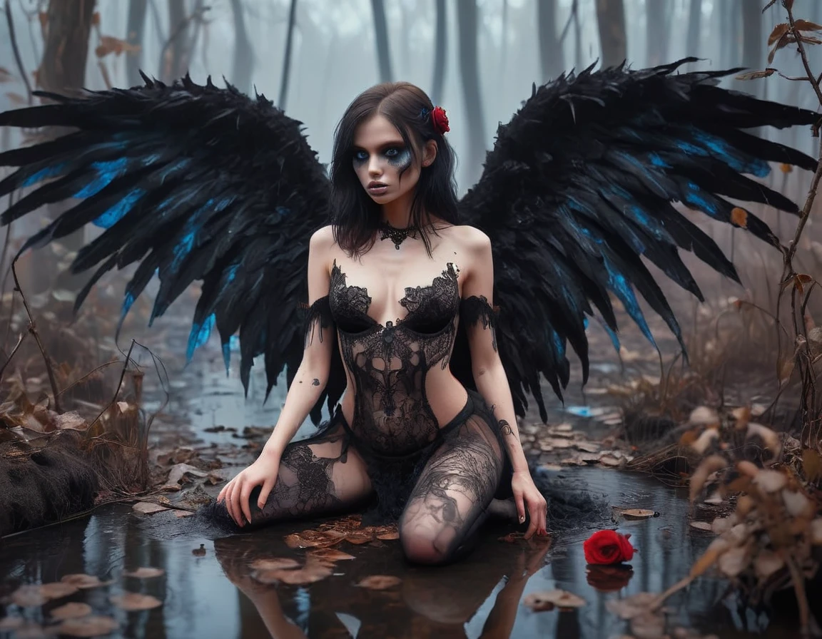 RAW photo of a sad female fallen angel with big broken black wings in a foggy swamp, black lace lingerie, squatting, looking at viewer, (skulls and roses on the ground), bright blue eyes, dystopic, highly detailed, (high detailed skin:1.2), vibrant colors, dark fantasy atmosphere, intricate, ultra hd, sharp focus, F4, film grain, Canon EOS R 6,