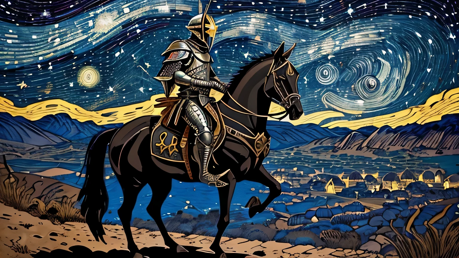 Don quixote como uma caveira em (((armadura de cor negra))). Abstract scenery in the background, starry night sky, lua cheia. 8k. Masterpiece. Work of art. Artistic. Art nouveau.