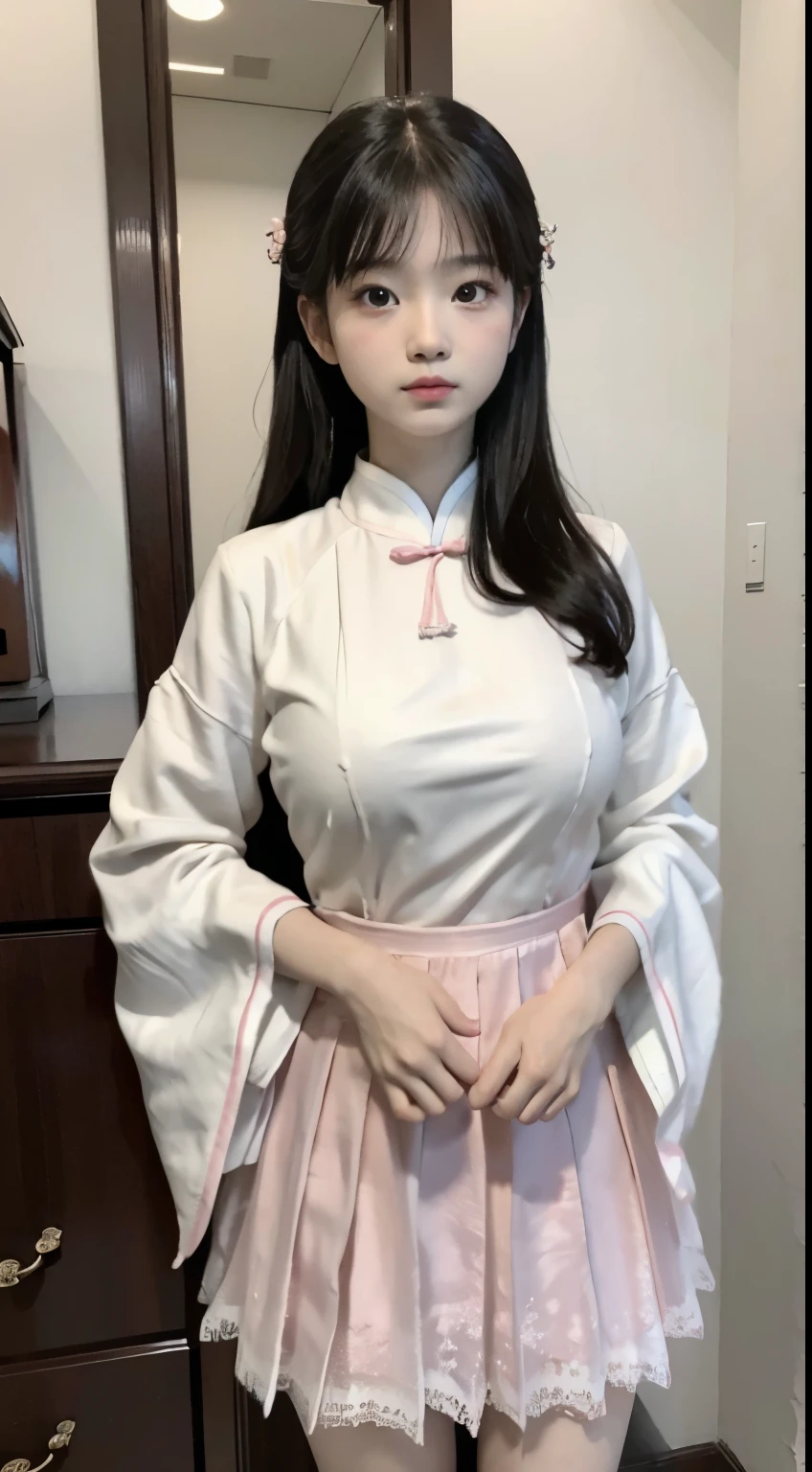 Master quality, highest quality, best picture quality, exaggerated details, a princess cute 10 year old asian with a shy expression, slightly squinted eyes, adjusting her hair, long eyelashes (long hair / very, very exaggerated big breasts, big / in pink white pentticoat, qipao dress silk parterm, short skirt lace), posing in front of the camera, wet breast see under wear, open hanfu