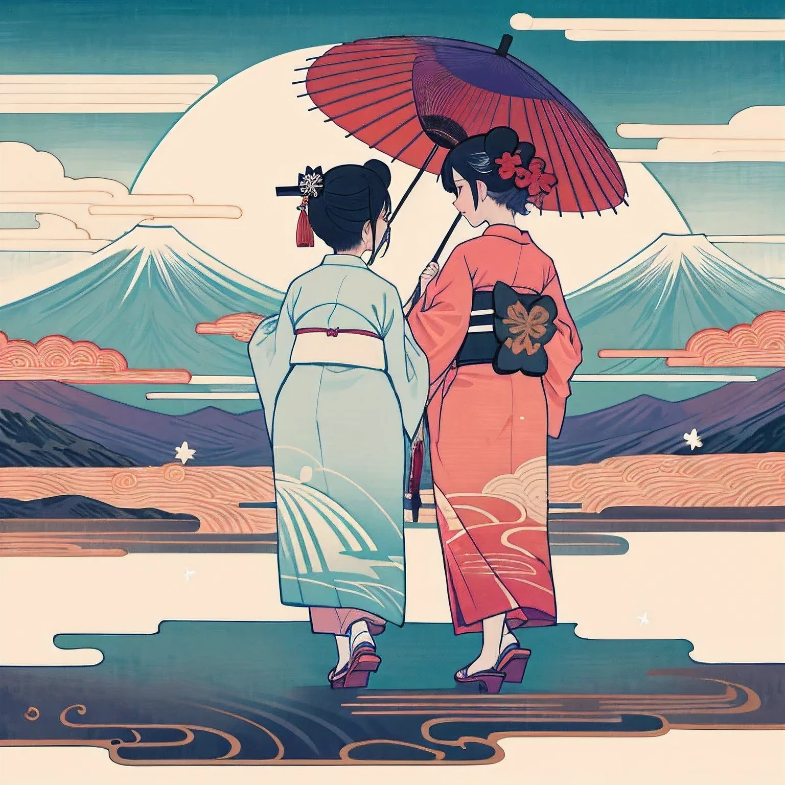 Maiko from Kyoto, Two people, Wearing a kimono, Two people並んで立って歩いている, Two people, both female, Face whitewashed, Back view, Ukiyo-e 1, Full body angle, Wearing geta, Walking with a Japanese umbrella, purple and white kimono＆Wearing a red and white kimono, The large Mount Fuji is in the background., Sparkling and fantastic atmosphere