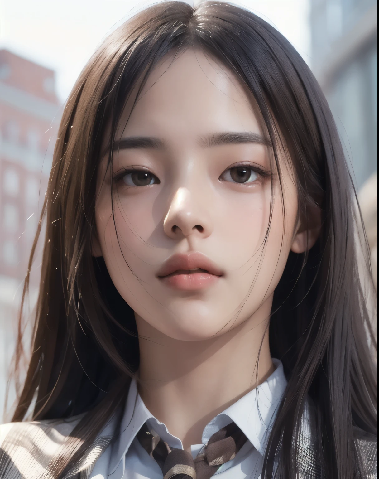 Photorealistic, masutepiece, Best Quality, Raw photo, 1girl in, Solo, Long hair, Brown hair, Detailed face, alluring face, Collared shirt, medium breasts, Dynamic Pose, Looking at Viewer, From below, Detailed background, fine detailed, intricate detailes, Ray tracing, depth of fields, lowkey, nffsw