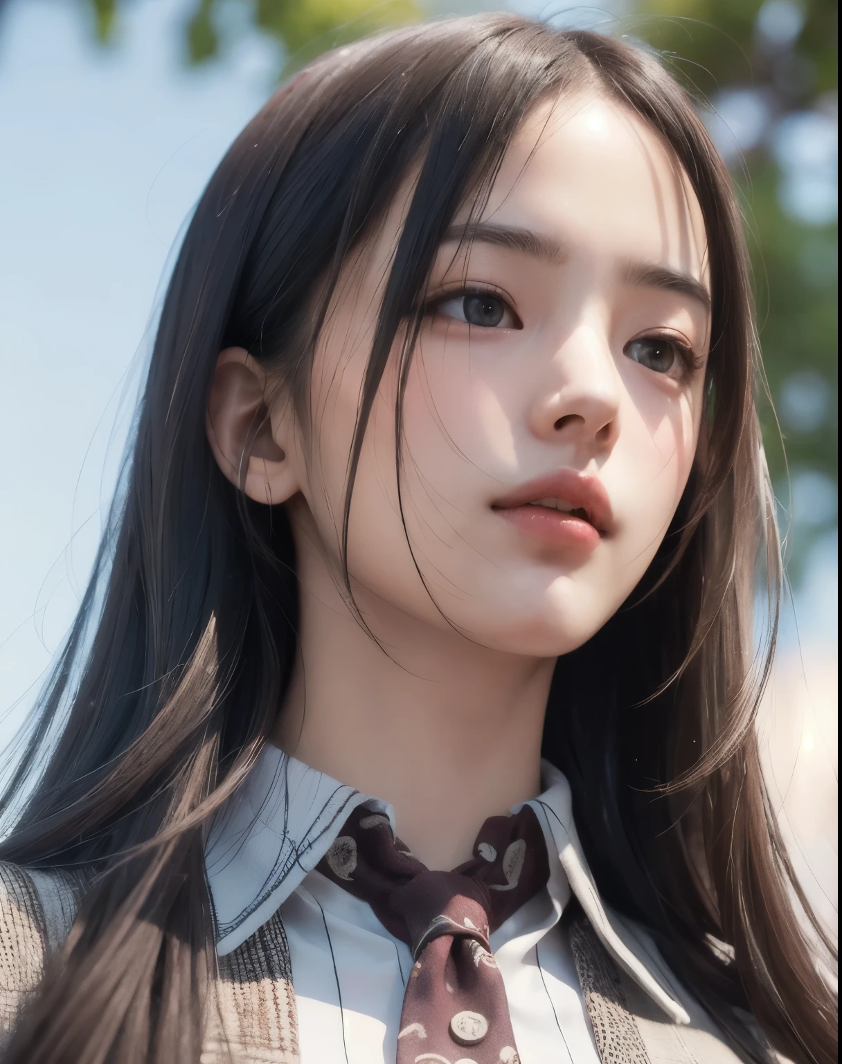 Photorealistic, masutepiece, Best Quality, Raw photo, 1girl in, Solo, Long hair, Brown hair, Detailed face, alluring face, Collared shirt, medium breasts, Dynamic Pose, Looking at Viewer, From below, Detailed background, fine detailed, intricate detailes, Ray tracing, depth of fields, lowkey, nffsw