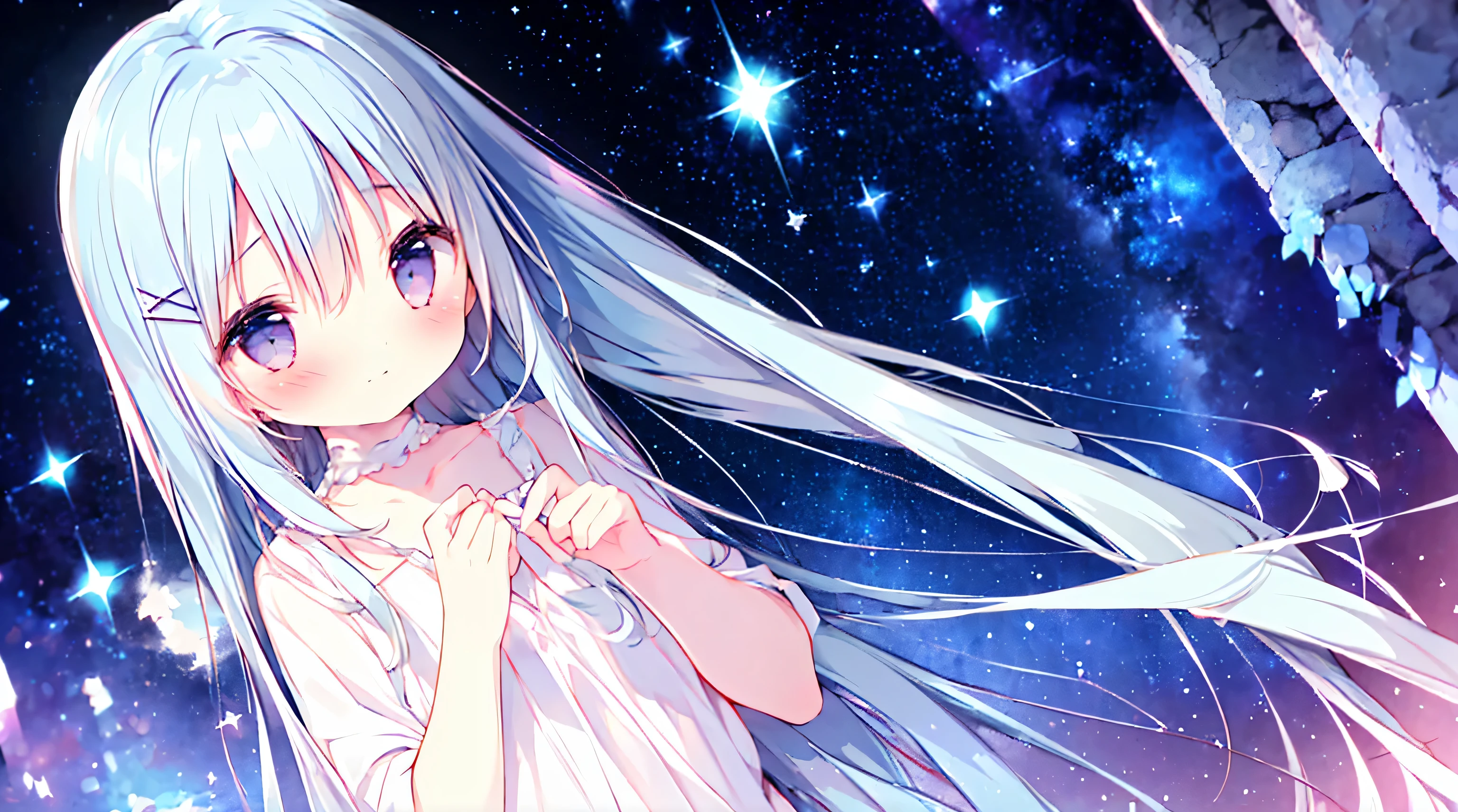 masterpiece, best quality, extremely detailed, (illustration, official art:1.1), 1 girl ,(((( light blue long hair)))), light blue hair, ,, long hair ((blush)) , cute face, big eyes, masterpiece, best quality,(((((a very delicate and beautiful girl))))),Amazing,beautiful detailed eyes,blunt bangs((((little delicate girl)))),tareme(true beautiful:1.2), sense of depth,dynamic angle,affectionate smile, (true beautiful:1.2),,(tiny 1girl model:1.2),(flat chest)), Soft Focus , (Bright gradient watercolor :1.5, Lens Flare:1.5 , Glitter :1.5),(Masterpiece, top quality, super detailed CG, ultra detailed beautiful face and eyes,super detailed, intricate details:1.2), 8k wallpapers, elaborate features, (1 person, solo:1.4)perfect cartoon illustration,(1 person, solo:1.4),1woman, Hairstyle: long straight dark blue hair with hairclip, expressive eyes, pink eyes(glowing), faint smile, perfect face, medium waist and voluptuous body, pale skin(extreme), wearing Chaldea uniform, Pose: Fullbody, Hands hidden behind back, Standing in water reflecting galaxies, Background: Welsh Castle ruins at night, 8k, best quality, absurdres, from below, looking at viewer,