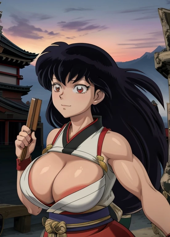 masterpiece, best quality, Kagome Higurashi, 25 years old, matured face, beautiful detailed eyes, ultra detailed eyes, extremely detailed face, large breasts, cleavage, very busty, big hips, strong muscles, athletic physique, She stands tall while wearing a short red kimono, pelvic curtain, arm guards and gloves. she's looking directly at the camera with an confident smirk. Her gaze is both alluring and fierce, as she practices martial arts moves. cowboy shot, Perfect Anatomy,(Professional Lighting), 4k textures, epic artistic, sharp focus, even lighting, insane details, intricate details, hyperdetailed, rich colors, BREAK Outdoors, temple, Japanese architecture, the view of the mountains