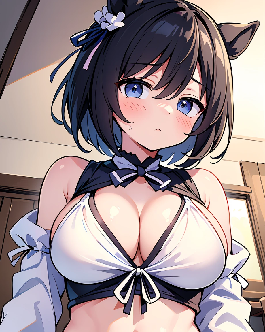 Eishin Flash,Horse's ears,ribbon on ear,Kurokami Short Hair,1 girl,,,chest,尖ったchest,chestの谷間,Underbust,Side Boob Barbosa,(blush),((Embarrassing)),Spread and masturbate((White Bikini))巨大なchest,round 1(((chestを持ち上げる)))((View from below、View from below))Upper body close-up