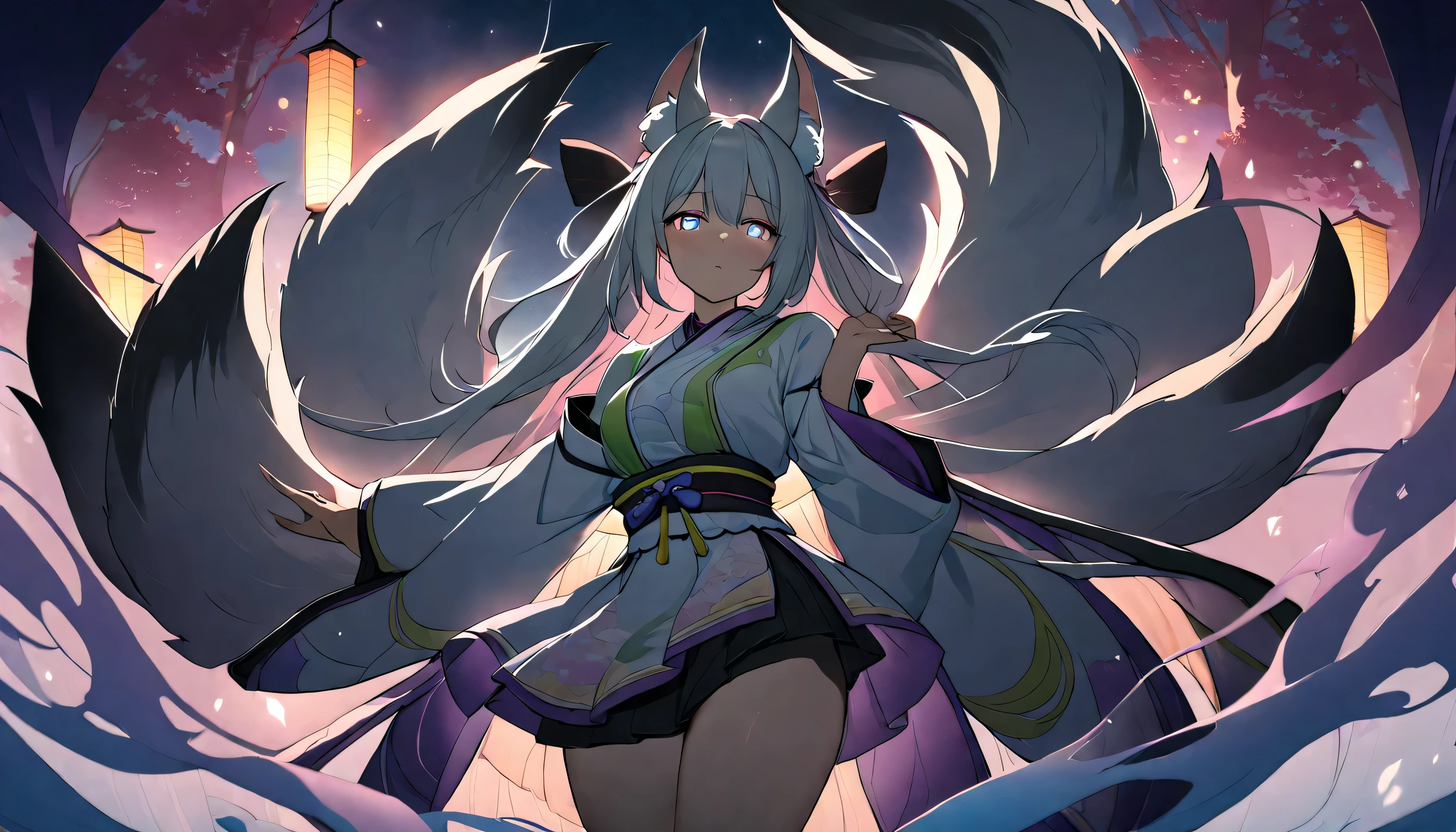 (best quality,highres:1.2),vivid colors,detailed kitsune with 9 tails,traditional Japanese artwork,tatami floor,beautiful cherry blossoms,floating lanterns,dark silhouette of a pagoda,subtle moonlight,dense forest,ethereal atmosphere,dappled sunlight,whimsical spirit,serene expression,elaborate kimono and obi,delicate hand-painted details,luminous eyes