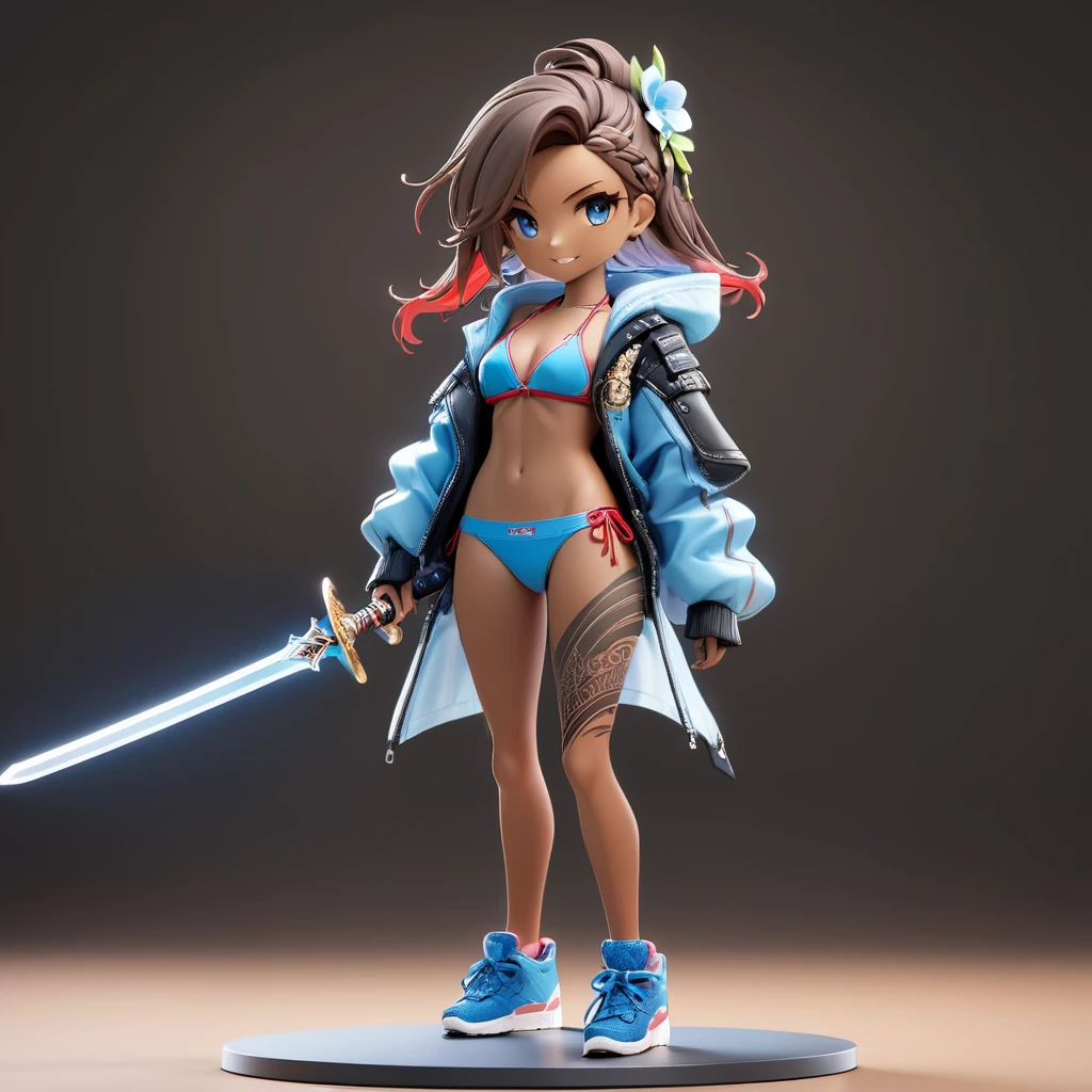 3D figure,high quality photo of figure, cleary outlined, very cute and bautiful anime 1girl,(warrior,swordswoman:3.5), (Dynamic posing, holding one long flame-sword on pedestal:1.5), (grin:1.5), (short-pants-bikini,midriff jacket:3.5),(chibi:2.5), (solo:2.0), (full body:4.0), simple and flat background, (masterpiece,best quality,ultra detailed,extremely detailed,absolutely resolution,absurdres,8k), BREAK,(highly detailed face and eyes:4.0),(dark_skin:5.5),(tribal_tatoos:4.5),(wavy hairs),(long hairs),(messy hair),(asymmetry bangs),(dark brown hair, red streaked hair, blue streaked hair:3.5),(blue-eyes:3.5),(flower hair ornament:3.5),(Intricate Iris Details,Depth and Dimension in the Pupils:2.5),