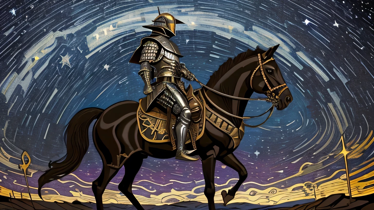 Don quixote como uma caveira em (((armadura de cor negra))). Abstract scenery in the background, starry night sky, lua cheia. 8k. Masterpiece. Work of art. Artistic. Art nouveau.