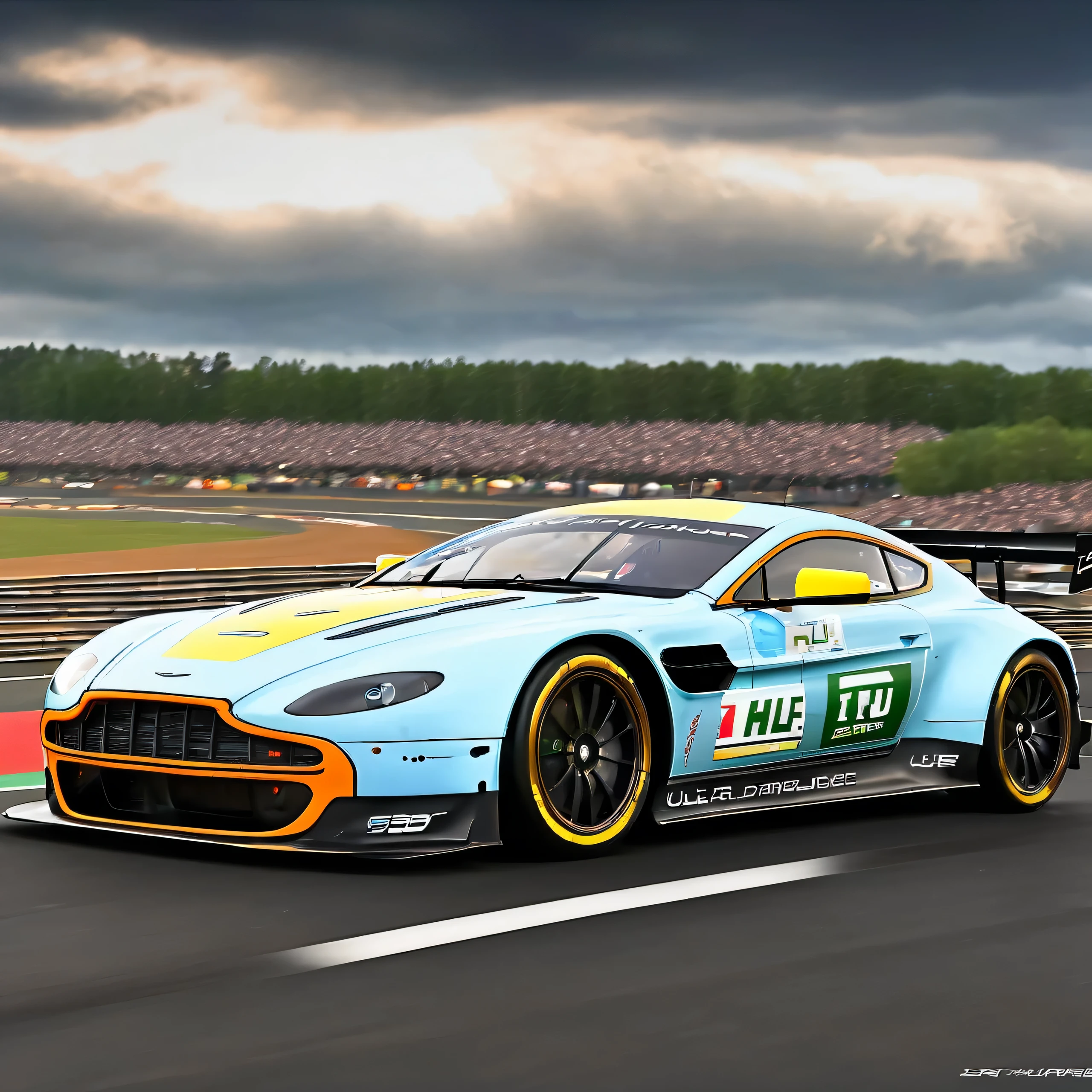 masterpiece, best quality, aston martin, V8 Vantage GTE, le mans race track, in motion, full specular sharpened 3D, HDR, UHD, vivid colors, occlusion, masterpiece, panorama, super detail, accurate, best quality, 4K, ultra-super quality, ultra-photo realistic detail, utltra-high nanite atmospheric lighting, ultra-high detailed reflections, very far shot, ultra-wide angle, 4D composite mapping, ultra-high 3D depth mapping quality, ultra-high render quality, OLED, dynamic rich shadows, ultra-high realistic graphics, HDR, (very far shot), ultra-high background detail, god rays, backlighting