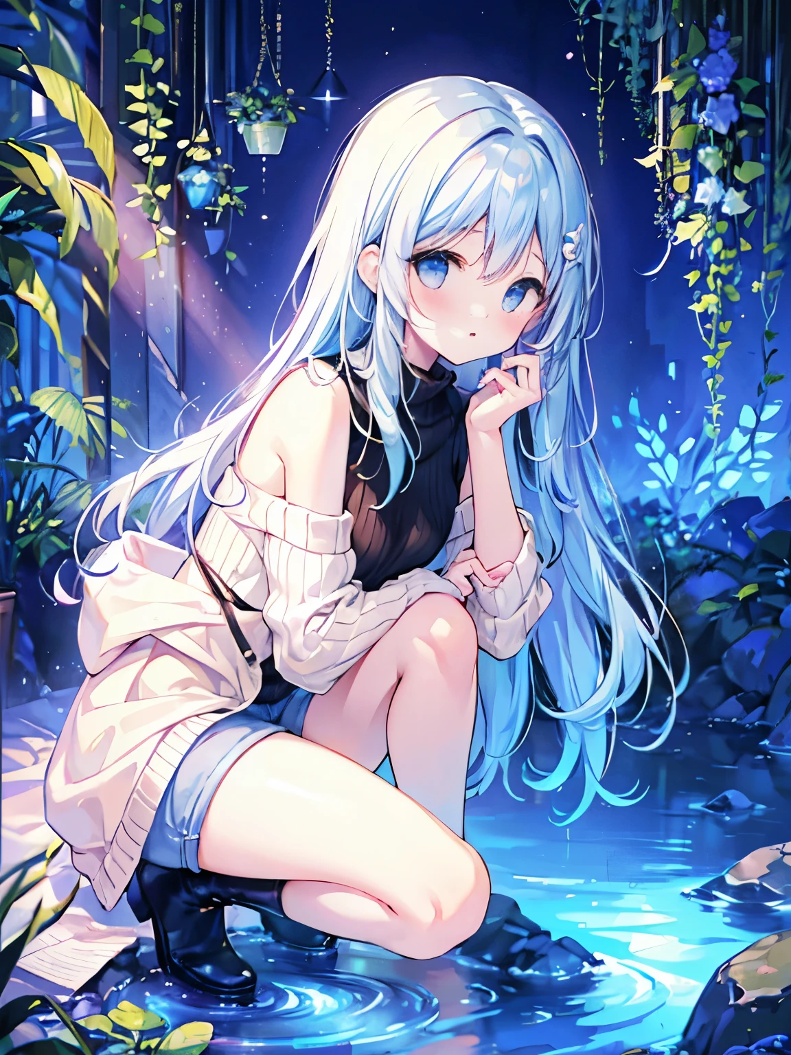 masterpiece, best quality, extremely detailed, (illustration, official art: 1.1), 1 girl, ((light blue long hair))), light blue hair, , long hair ((blush)), cute face, big eyes, masterpiece, best quality, ((a very delicate and beautiful girl))))), amazing, beautiful detailed eyes, blunt bangs ((((little delicate girl)))), tareme, long hair cute anime faces, detailed light, parted lips, shiny, beautiful detailed face, long hair, pale long hair, smile, looking at viewer, jewelry, lips, 

(best quality, masterpiece:1.2) 1girl,(1) girl is squatting down and looking at the aquarium.
(3) The woman is wearing a turtleneck knit, Mini skirt and long boots.smile.
(5) The place is an aquarium.

(ribbed sweater :1.3), off-the-shoulder sweater, (short shorts:1.2), bare shoulders,((dark skin:0.8)), Beautiful eyes, (disheveled hair), photography, over-the-shoulder shot, Direction : Alex Maleev, professional, Camera Canon, nikon camera, sharp, Bokeh, studio quality, fisheye lens, 

