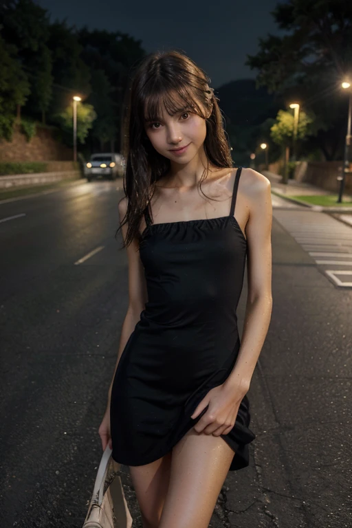 A cute girl, perfect face, beautifull 14 years old girl,14 years old girl, skinny body, slim body, white skin, masterpiece, textured skin, super detail, high details, high quality, 8k, nice pose, road night background, dark shadow, less light, nature light, side ligbangs hair style, style dress,smile wet clothes