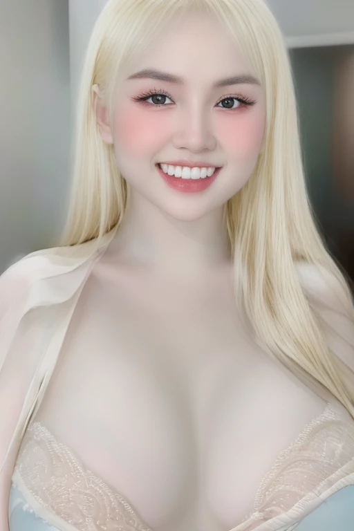 (realistic、masterpiece、Best Quality、8K、highres、white background, high resolution:1.3)、1 chubby girl:1.3)、(grin smile, show teeth:1.3),, looking at viewers, black lace bikini、pale white skin、very blond hair ,very pale skin, extremely pale blonde hair, ivory pale skin, very white skin, pale skin, very pale white skin, very pale white skin,white skin and pale porcelain, white and pale skin, fair and pale skin!!,  long blonde hair, looking at viewers、super fine face and eyes、long blonde hair、 ((full breasts:1.3)), indoor、 upper body、