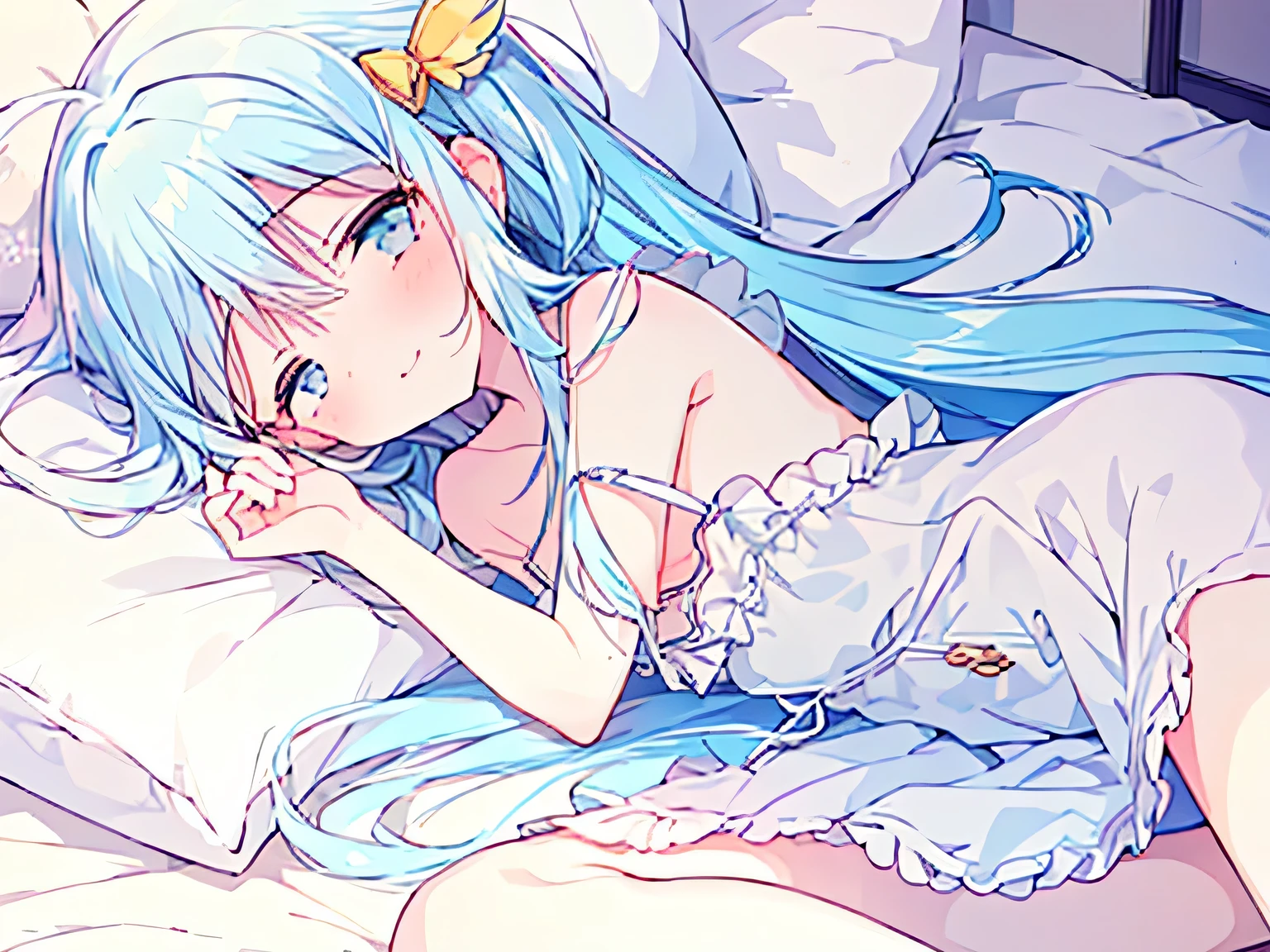 masterpiece, best quality, extremely detailed, (illustration, official art:1.1), 1 girl ,(((( light blue long hair)))), light blue hair, ,, long hair ((blush)) , cute face, big eyes, masterpiece, best quality,(((((a very delicate and beautiful girl))))),Amazing,beautiful detailed eyes,blunt bangs((((little delicate girl)))),tareme(true beautiful:1.2), sense of depth,dynamic angle,affectionate smile, (true beautiful:1.2),,(tiny 1girl model:1.2),(flat chest)), Soft Focus ,((ultra-detailliert:1.2))、perfect anatomy, best quality, (kawaii:1.1), (cute), (high resolution:1.2), incredibly fine illustration, (kawaii illustration:1.2), beautiful background,(1girl, solo), (teenager, , ), slender,  highlights in eyes,BREAK(laughing, closed eyes, pillow talk:1.2), , (on bed,  lying flat on face,  shoulder, white sheet, topless), satisfied, happy, love, midnight, from side, (sweat, exhausted:0.4),