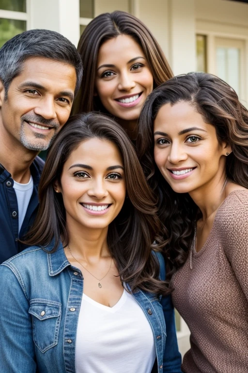 in group men and woman photograpy highlights wearing a casual clothes, highly detailed, 40 years old, innocent face, natural mixed hair, hazel eyes, Beauty 5 people, 5 people beauties, Casual clothes, A hyper-realistic, Smiling expression, classroom hiquality, Friends group, Nikon, Canon, Fujifilm, HD, 4K, 8k