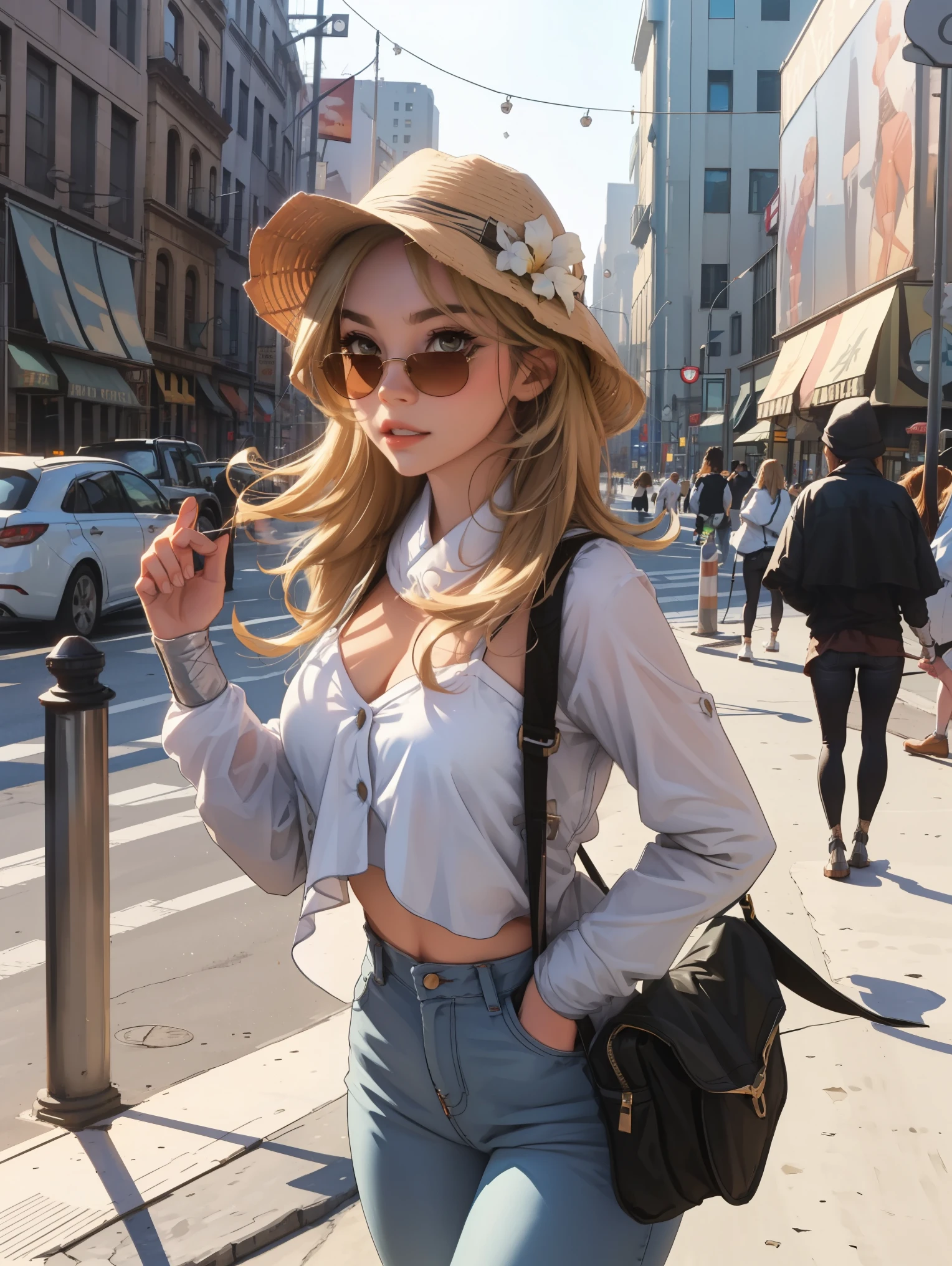 Lumine, dressed in jeans, tropical hat, clear sunglasses, modeling, attractive, HD, 8K, highly detailed, city background (New York City)