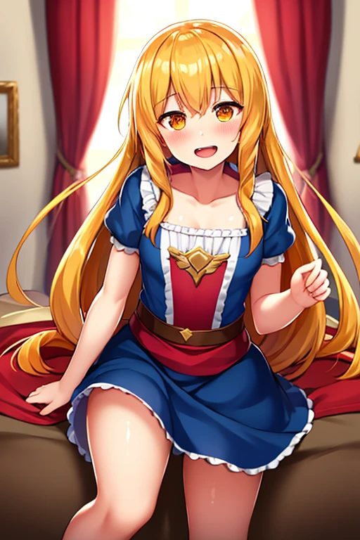 ((highest quality)), ((masterpiece)), (be familiar with), Perfect Face, indoor, Bedroom, Watching the audience,
One woman, Thor,
Open Mouth, Ecstatic expression, blush, smile,
Small breasts, Flat Chest, Young Girl, , , Girl,
Long Hair, Golden Hair, Orange eyes, Long Hair,
Leg spread,