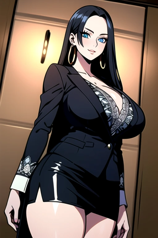 Hyper-realistic 8K CG, masterpiece, ((Ultra detailed background, Delicate pattern, Intricate details, Very detailed, Fine details of the highest quality, Ultra-fine face)), ,Huge sagging breasts,Showing cleavage,Perfect body,Beautiful Lights, absurd, BoaHancockV2, 1 Girl, Solitary, Black Hair, Long hair, jewelry, Shut up, ), ((Black skirt suit:1.1), Pencil Skirt, mini skirt,Curvy beauty, thigh, High heel, Shiny clothes, Firming skin), blue eyes, Complex and detailed background, in, Luxurious Palace), ((Cowboy shooting)), Curvy beauty, , seductive smile