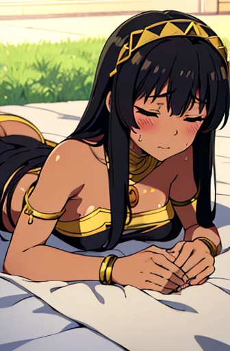 (best quality, masterpiece), brown-skinned anime cleopatra wearing a cute triangle top and long skirt, famished in hunger, (gently resting hands on stomach), (sweating), (long black hair), (hands on stomach), (blushing and eyes closed), (resting hands-on stomach), (lying down)