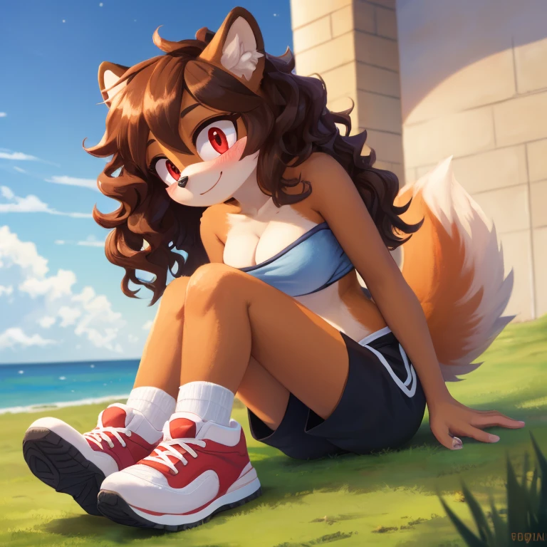 mobian, hedgehog, two-tone fur ((orange fur, brown fur)), pyjama elastic shorts, strapless crop top, cleavage, high-top sneakers, two-tone hair (brown hair, black tip)), curly hair, halo, sunglasses, jewelry, red eyes, longeyelashes, red eyes, smile, shy, blush, high detail, masterpiece, UHD, anatomically correct, super detail, highres, 4K