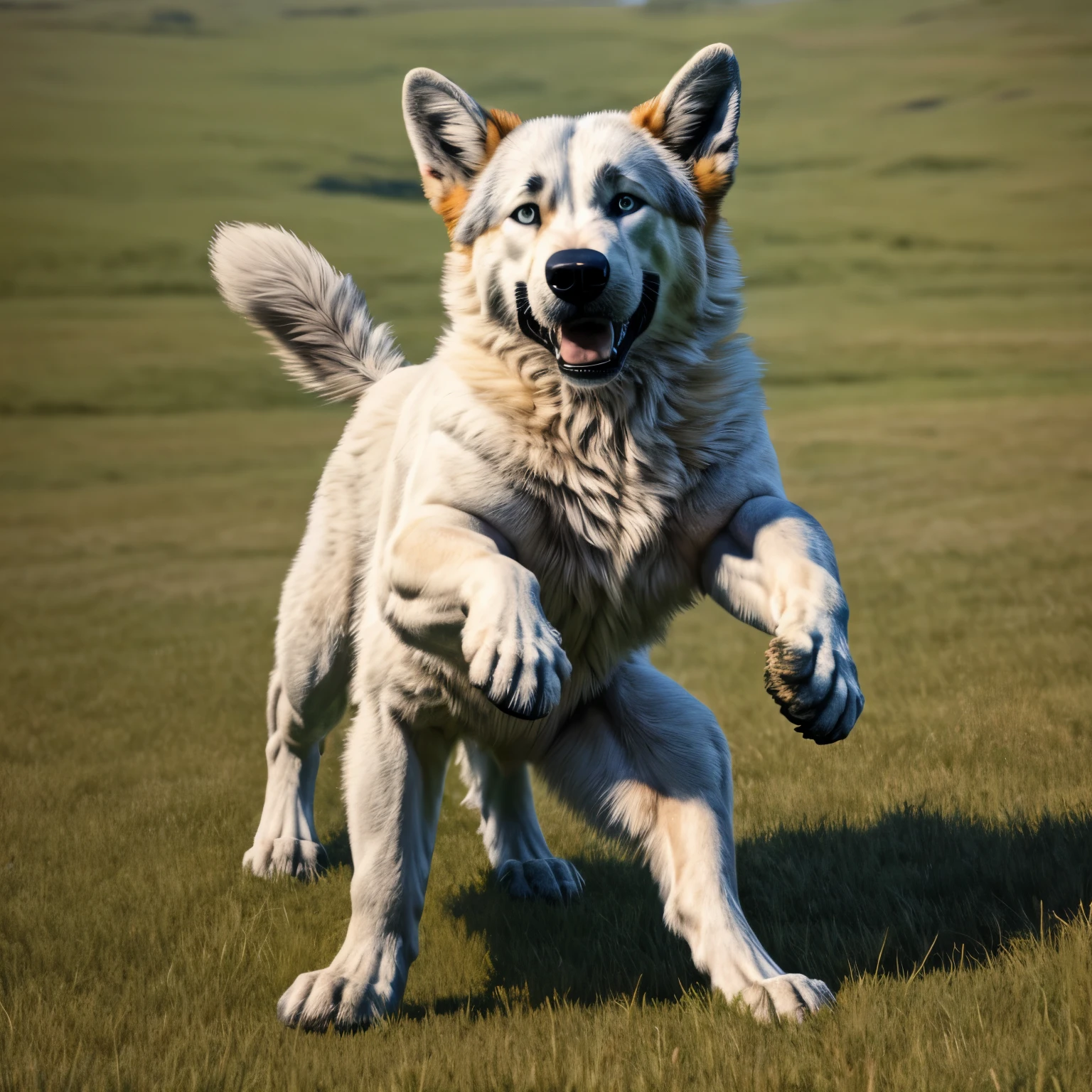 Create a two-legged dog,
male, solo, anthropomorphic, muscular build,
realistic style, detailed face, expressive eyes,
high definition, masterpiece, intricate details,
wagging tail, playful pose, bright and sunny day,
grass textures under paws, by artist Name1, by Artist Name2.