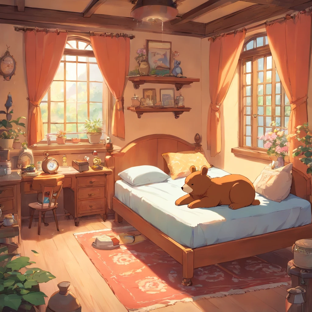 Rabbit  and bear lying their beds, cozy bedroom, everything is soft and fluffy, gentle art, cute, it's time to sleep