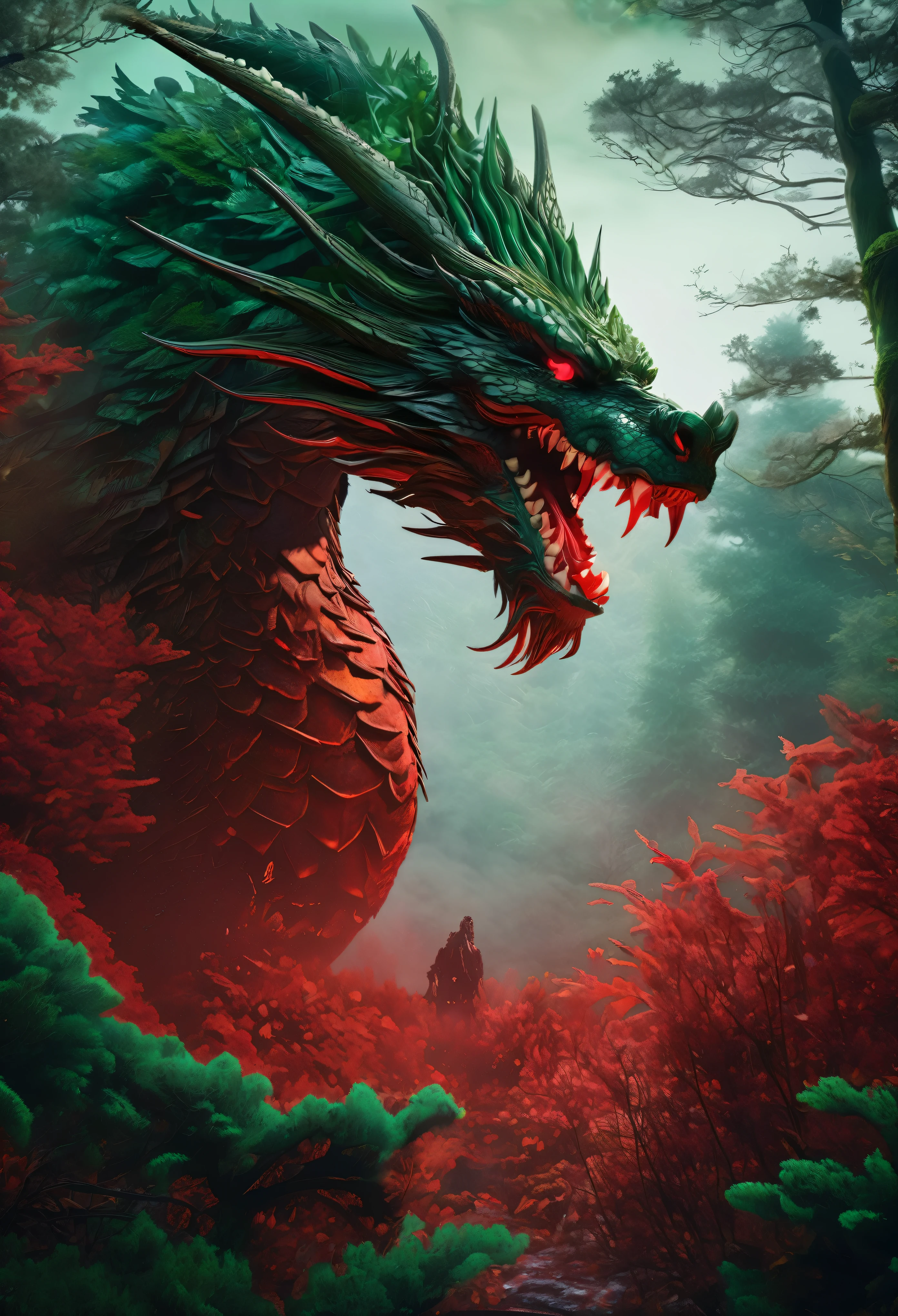 facing to the viewer, Mystical giant looks like a giant dragon dracarys (((gentle creature made of mist))), insane huge size, intricate patterns of red in its dark green fur, in a dark scary highly detailed forest, surrounded by birds.