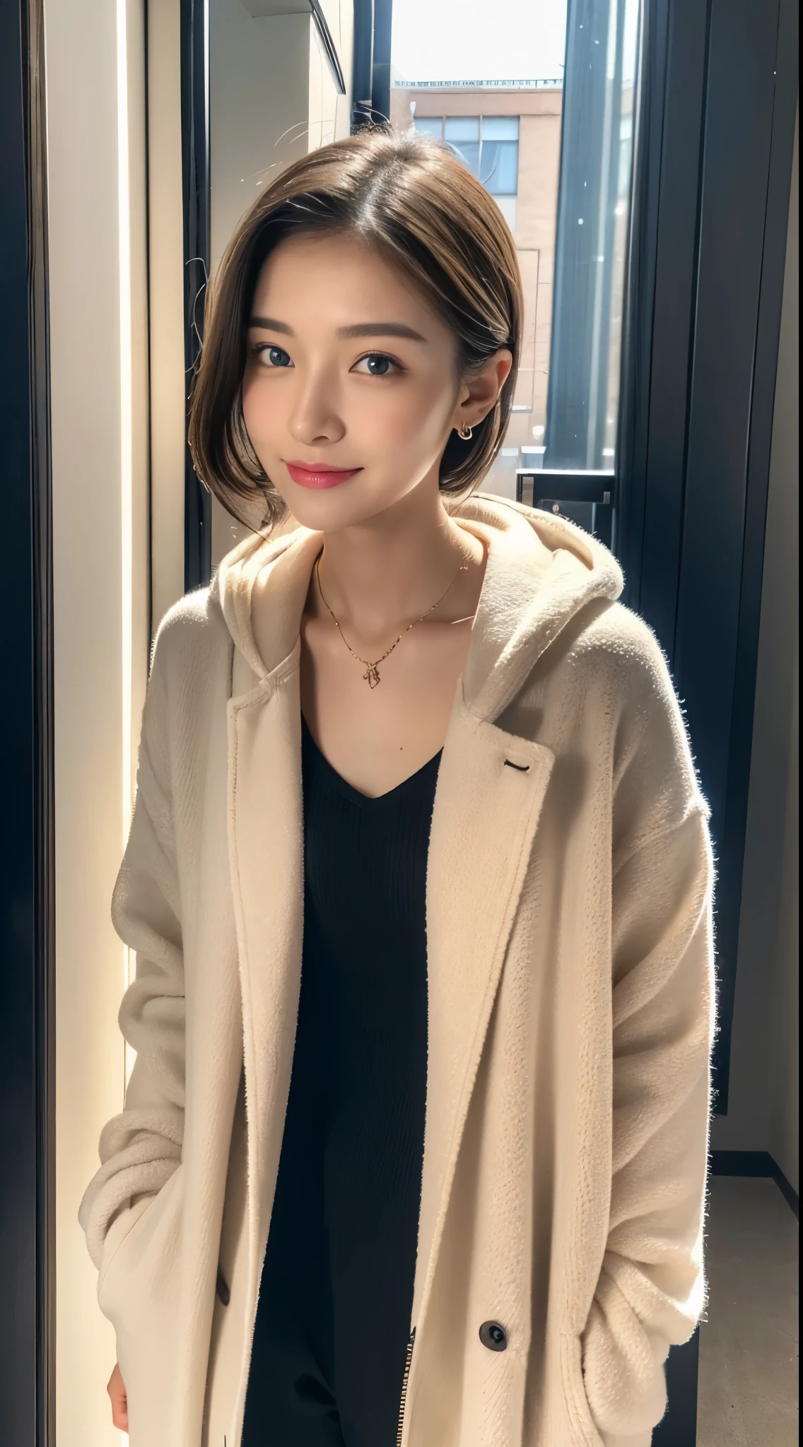 (((32K,very high res, high detailing, highly accurate,Masterpiece Girl 1))),Raw photo & realistic atmosphere,beautiful dark blue eyes,Detailed mouth,Glossy lips,Detailed eyebrows,Soft white skin that shines with every detail,,Eyes drawn in detail、Very beautiful eyes with azure eyes,Detailed lips、Very beautiful face,Very well-formed face、Lifelike face,shiny beautiful lips,Beautiful eyebrows,Infinite reality,Best design,（Insanely cute active and aggressive Japan 16 year old girl,,toned body,The perfect gal reader model,Beautifully shaped breasts,Very cute beautiful girl,Little Girl：1.5）,Best Natural Makeup,Japanese ido,Korean Idols,Young sensual idol,Moist eyes,Dark beautiful eyes,Beautiful butt,beauty legs,,camel's foot,：1.3),超A high resolution、,Natural and realistic face,Back lighting,Pure eyes are too cute,(((photorealisim,Photograph the whole body))),,Reality Live Action,（simple earrings,a necklace,Glossy nail art,Wearing a long black coat over a blue light-colored sweat hoodie,Wide Slack Pants,White sneakers,Beautiful fashion,Blonde shorthair,solo,,Smile faintly,full body Esbian：1.7）,（Show full-body fashion,：1.8）