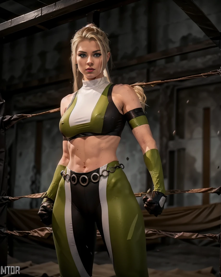 (fighting:1.8), (combat position), Full shot, full body visible, full body shot, head to toe. outfit. full outfit, image capturing entire body, hiperrealistic photograph, masterpiece, absurdres, award winning photo, realistic photograph of (very beautiful blonde white girl with slight Nordic features) wearing a original Sonya blade's costume of Mortal Combat saga (Makeup and Hairstyle: Sonya typically has blonde hair and can be enhanced with makeup to accentuate her facial features), background floor and ceiling of a stunning the mortal combat arena is a unique and eerie stage. It's set in a dark and sinister underground laboratory filled with failed experiments and corpses in liquid-filled tanks. In the background, you can see a grotesque and mutated creature confined in a cage. Dim lighting and disturbing sound effects contribute to the creepy atmosphere of this arena bank, with (((high walls and high ceilings))), intricate details, 8K, super detailed, HDR, Realistic Color