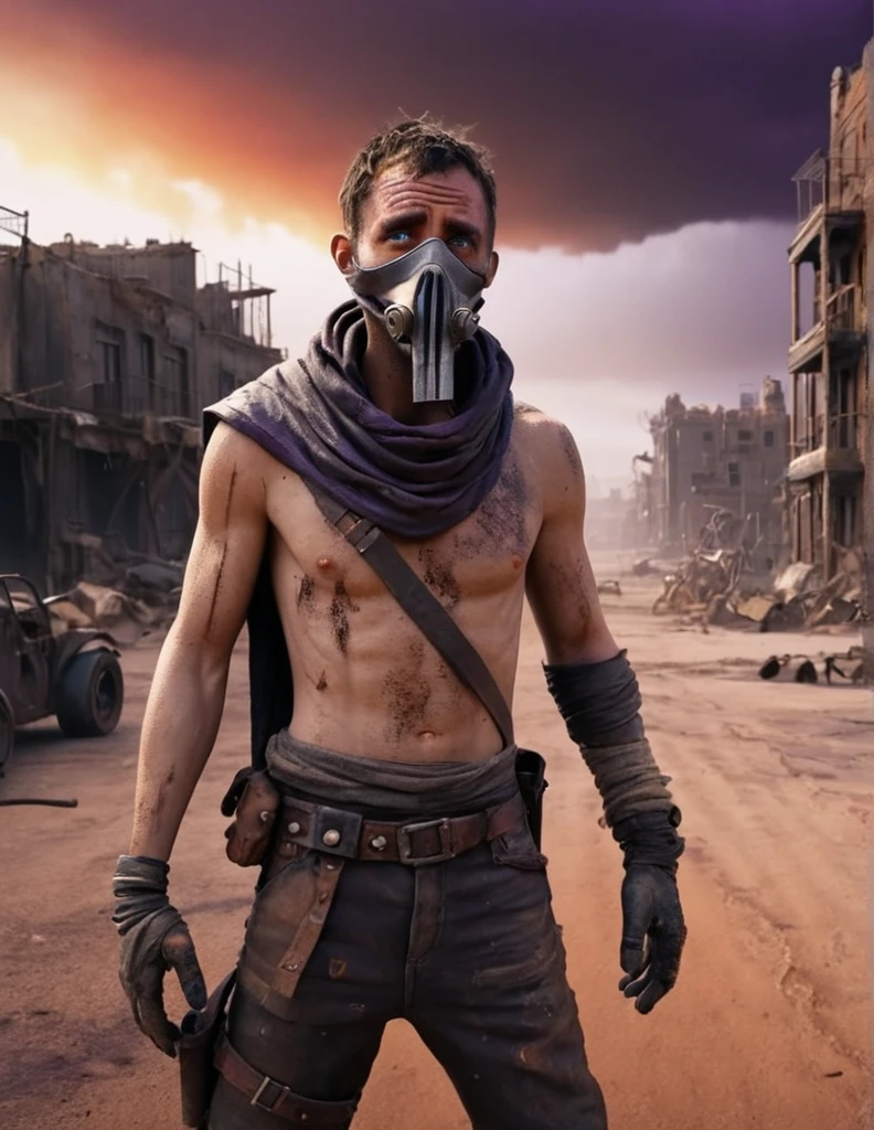 "Create a Disney Pixar-style 3D animation depicting a half-body portrait of a man navigating a post-apocalyptic world. Mad max movie style. He should be clad in dirty, ragged clothing, with a cloth concealing his mouth and nose. Behind him, portray ruins of buildings and houses, streets blanketed in sand, and destroyed vehicles, set against a dark sky with purple and orange hues. Ensure the background is heavily blurred to accentuate the character. The scene should exude a vivid and lived-in atmosphere, with warm color tones adding depth to the post-apocalyptic setting."