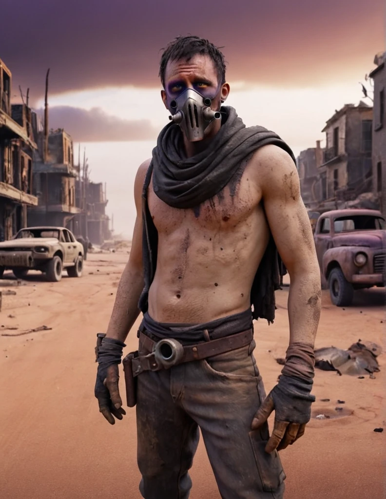 "Create a Disney Pixar-style 3D animation depicting a half-body portrait of a man navigating a post-apocalyptic world. Mad max movie style. He should be clad in dirty, ragged clothing, with a cloth concealing his mouth and nose. Behind him, portray ruins of buildings and houses, streets blanketed in sand, and destroyed vehicles, set against a dark sky with purple and orange hues. Ensure the background is heavily blurred to accentuate the character. The scene should exude a vivid and lived-in atmosphere, with warm color tones adding depth to the post-apocalyptic setting."