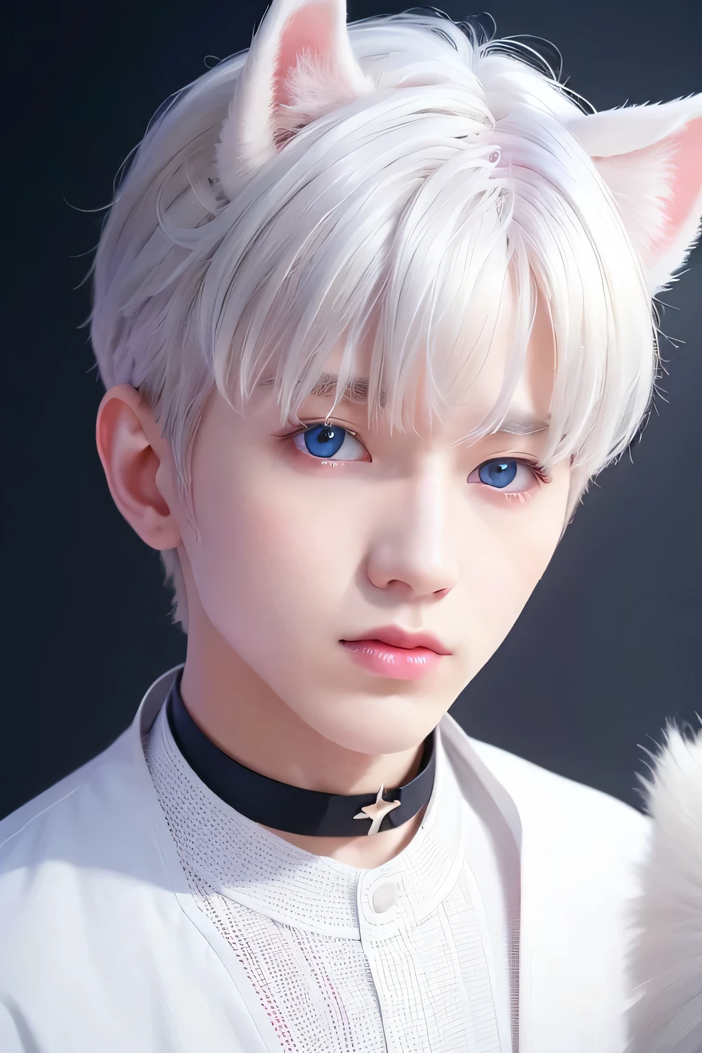 １boy、Creating aesthetics、highest quality、masterpiece、8k、Blurred feeling、Realistic Skin、(head shot:1.45)、(Pure white hair:1.23)、Disheveled Hair、(Dog Ears)、choker、blue eyes