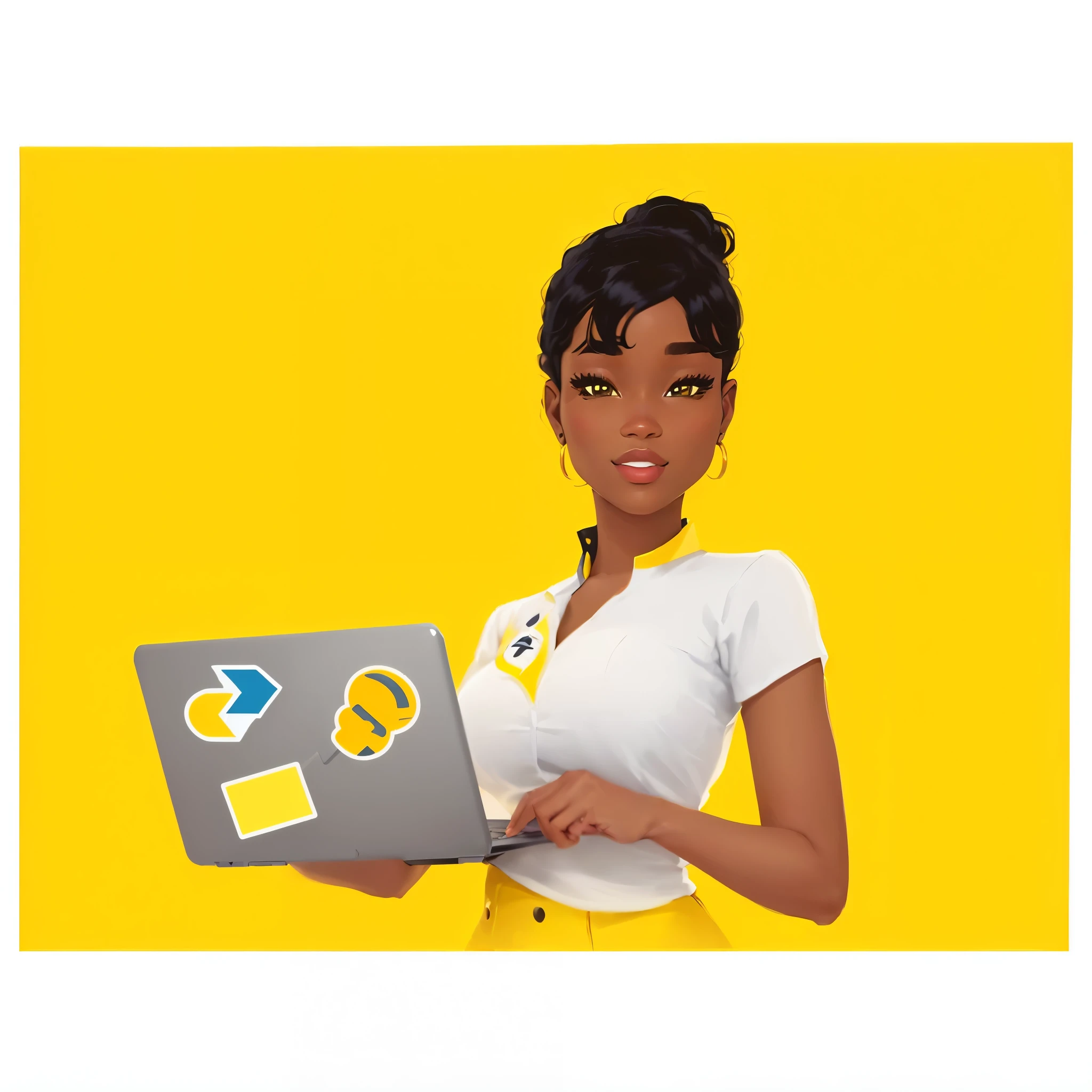 cartoon woman holding a laptop with a yellow background, avatar for website, official illustration, proffesional illustration, ad image, advertising photo, official art, by Ella Guru, created in adobe illustrator, your personal data avatar, official artwork, by Chinwe Chukwuogo-Roy, digital illustration -, professional illustration, avatar image, commercial illustration, illustration”
