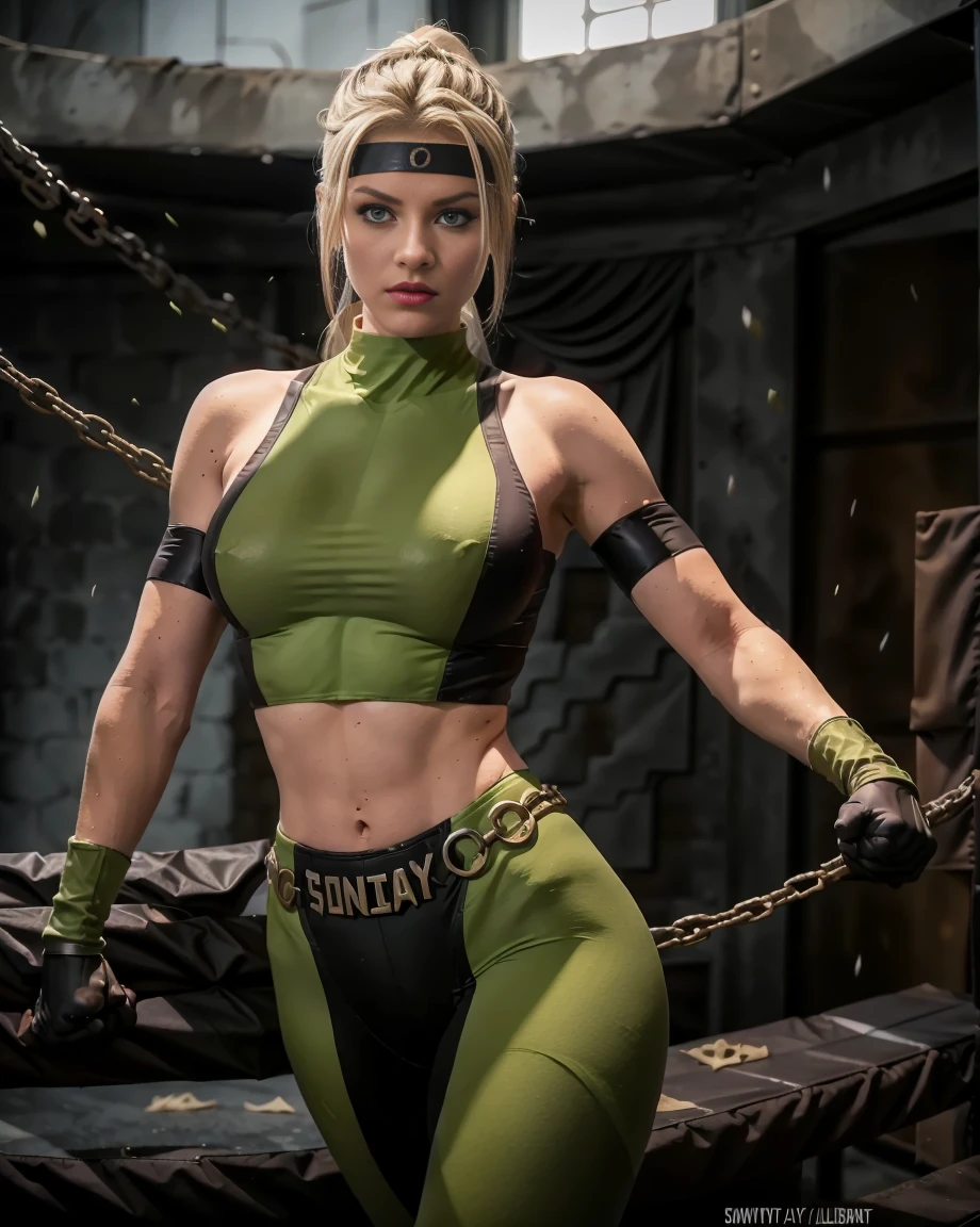 (fighting:1.8), (combat position), Full shot, full body visible, full body shot, head to toe. outfit. full outfit, image capturing entire body, hiperrealistic photograph, masterpiece, absurdres, award winning photo, realistic photograph of (very beautiful blonde white girl with slight Nordic features) wearing a original Sonya blade's costume of Mortal Combat saga (Makeup and Hairstyle: Sonya typically has blonde hair and can be enhanced with makeup to accentuate her facial features), background floor and ceiling of a stunning the mortal combat arena is a unique and eerie stage. It's set in a dark and sinister underground laboratory filled with failed experiments and corpses in liquid-filled tanks. In the background, you can see a grotesque and mutated creature confined in a cage. Dim lighting and disturbing sound effects contribute to the creepy atmosphere of this arena bank, with (((high walls and high ceilings))), intricate details, 8K, super detailed, HDR, Realistic Color