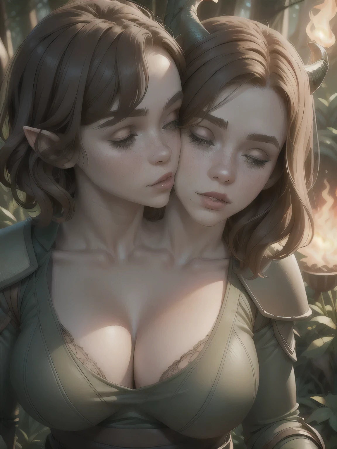 s0ph, Sophia-lillis, gorgeous two-headed woman, solo,a woman , doric hair,wearing doric armor,holding a torch,horns,freckles,forest,night,bokeh,masterpiece,neon light,volumetric lighting,8k,highly detailed skin,pores,cinematic, (two heads, conjoined_dicephalus), deep cleavage, cheeks rubbing together, (kissing:1.3), eyes closing