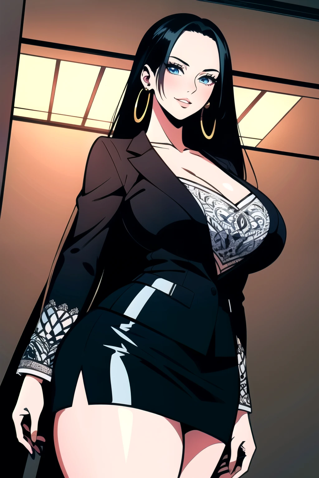 Hyper-realistic 8K CG, masterpiece, ((Ultra detailed background, Delicate pattern, Intricate details, Very detailed, Fine details of the highest quality, Ultra-fine face)), ,Huge sagging breasts,Showing cleavage,Perfect body,Beautiful Lights, absurd, BoaHancockV2, 1 Girl, Solitary, Black Hair, Long hair, jewelry, Shut up, ), ((Black skirt suit:1.1), Pencil Skirt, mini skirt,Curvy beauty, thigh, High heel, Shiny clothes, Firming skin), blue eyes, Complex and detailed background, in, Luxurious Palace), ((Cowboy shooting)), Curvy beauty, , seductive smile
