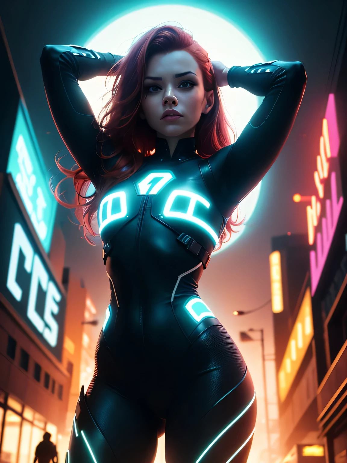 Tron legacy redhead, large breasts, sideboob cutout, underboob cutout, cameltoe, sitting astride a light cycle, in a tron cityscape, blue and orange neon lights , dark lightingng, dystopian cyberpunk setting, photorealistic, ultra high quality, depth of field, sfw
